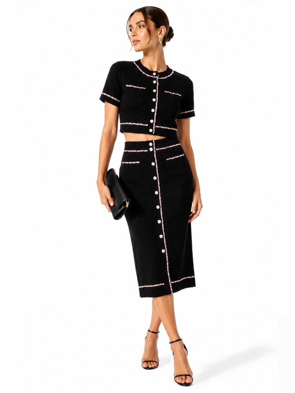 Sandro Black Rhinestone Trim Knit Top Skirt Set XS S NWT